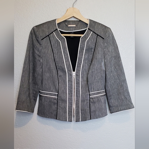 WHBM Linen Blend Gray White Black Structured Cropped Fitted Blazer Jacket Size 4 - Picture 7 of 11